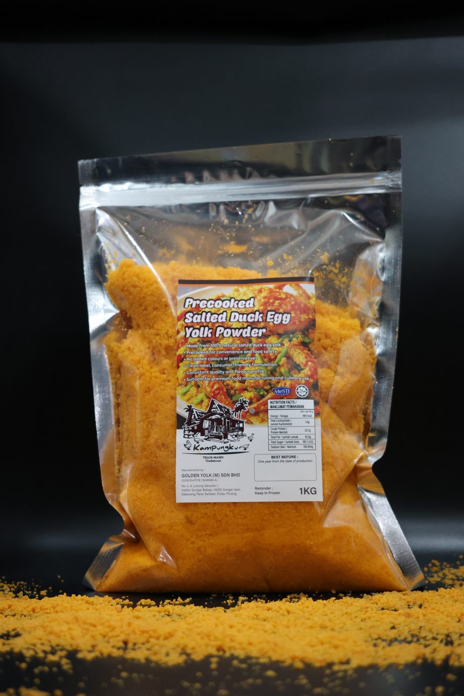Packed precooked salted duck egg yolk powder beside loose golden powder